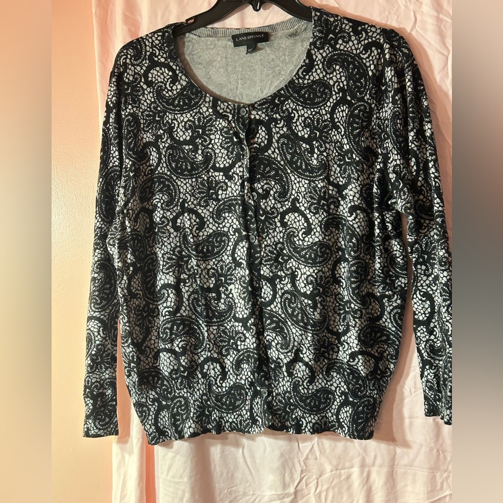 Lane Bryant Gray and Black Paisley Button Down Cardigan
